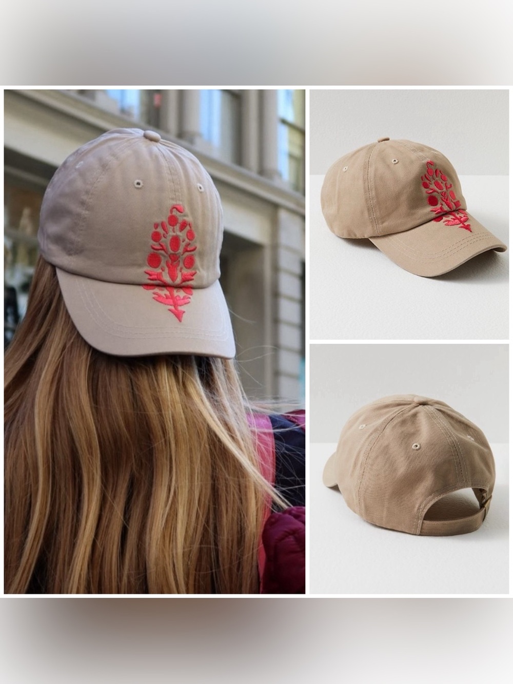 Free People Khaki Baseball Cap with Pink Floral Embroidery